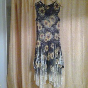 Unique Orgami Sunflower dress with slip. Black lacy with yellow sunflowers